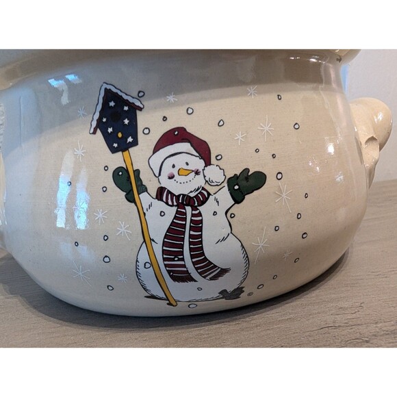 Home & Garden Party Snowman Stoneware Bean Pot w/ Lid 2001 Hand Made USA 8” - Picture 2 of 10